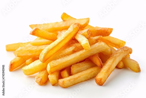 A close-up shot of a scrumptious pile of golden, crispy french fries against a white background, emphasizing texture and color