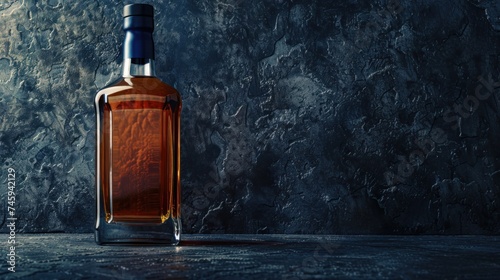 Blank label product of whiskey liquor bottle on dark stone background. AI generated image