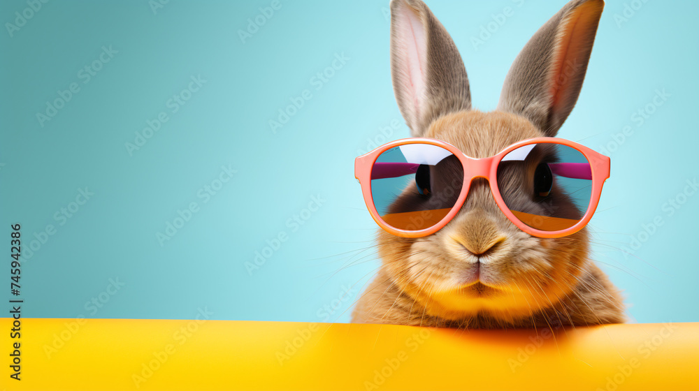 Cool Easter bunny with sunglasses on colorful background.
