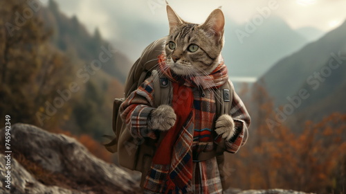 Adventurous cat, clad in travel gear and a backpack, explores natures wonders, embodying curiosity and wanderlust in its journey through scenic landscapes