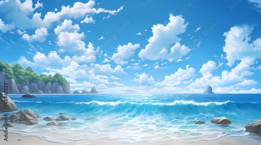 a postcard for a beach holiday, an advertising brochure of a seaside resort, summer, sun, sea, ocean