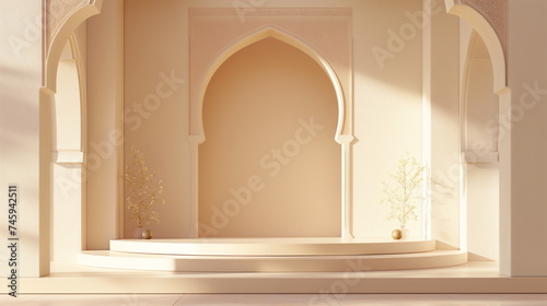 Simple clean islamic stage podium muslim background  copy space  product. Ramadan