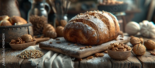 Atmospheric shot of whole grain bread surrounded by grains and nuts, highlighting wholesome ingredients photo