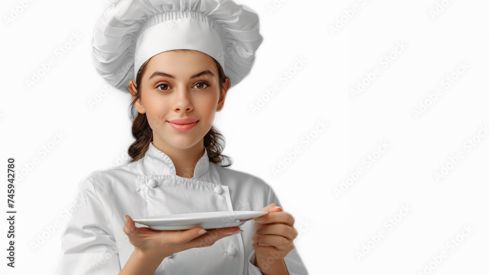 Young attractive professional woman wearing a chefs uniform including a toque blanche or chefs hat and holding a plate. cut out and isolated on a white background Young attractive professional woman wearing a chefs uniform including a toque blanche or chefs hat and holding a plate. cut out and isolated on a white background