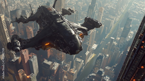 Futuristic flying military vehicle, massive spaceship hovering over New York City, industrial core, railguns, twin ion engines