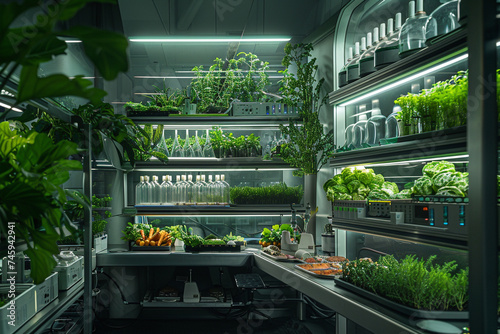 Within the confines of a futuristic laboratory, scientists engineer plant-based food at the molecular level, revolutionizing nutrition. Generative ai. photo