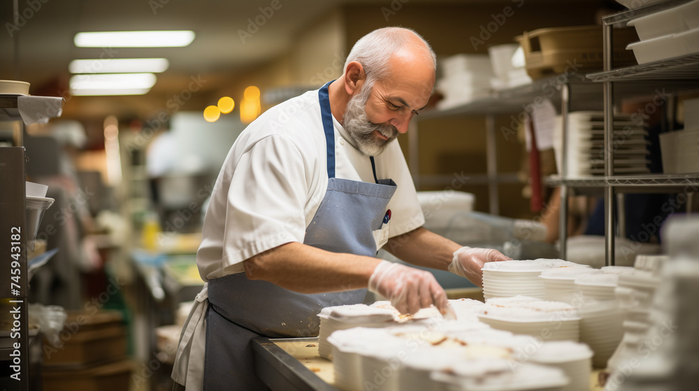 experienced baker / chef producing one cake after another in a professional kitchen / bakery experienced baker / chef producing one cake after another in a professional kitchen / bakery