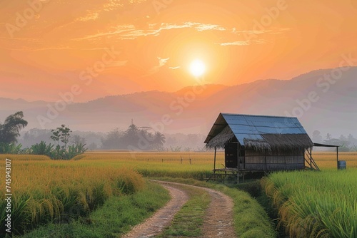 Rural sunrise Farmers hut stands amidst rice fields along a road