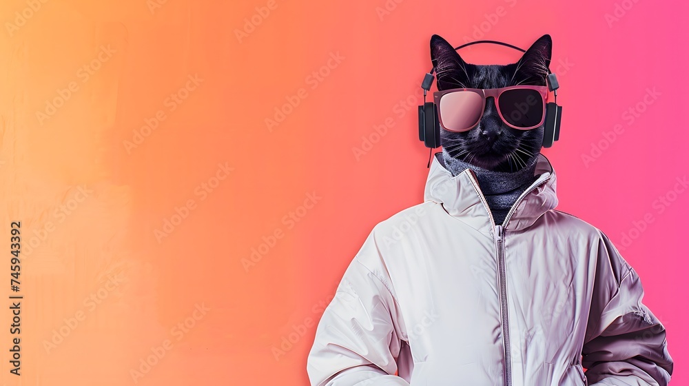 fantasy character with cat head in sunglasses and headphone fantasy character with cat head in sunglasses and headphone