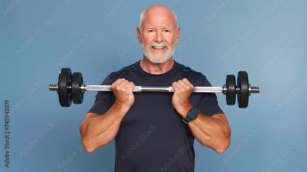 Senior Caucasian man doing exercise with barbell or weight lifting bar Senior Caucasian man doing exercise with barbell or weight lifting bar