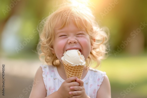A joyful child with curly hair  laughing and holding an ice cream cone  with a sunlit backdrop