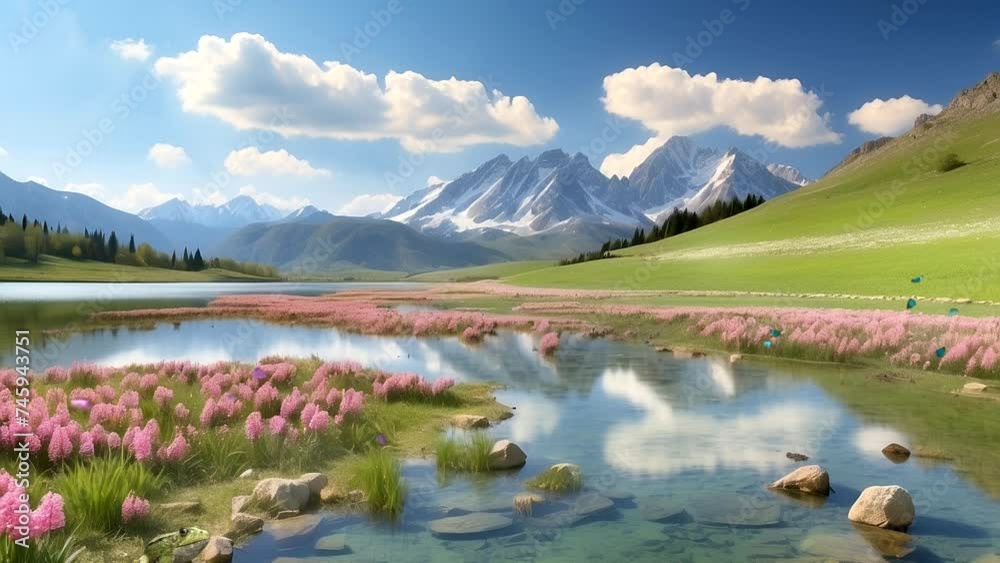 Lake and mountain landscapes, pink flowers and dancing butterflies, there are rabbits in spring seamless looping time-lapse animation video background.