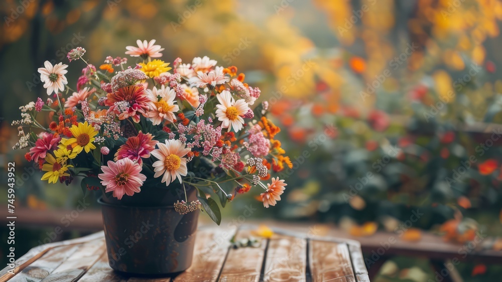 Bouquet of flowers on table in autumn garden. Rest in garden, vacations in nature concept. Autumn time in garden on backyard, blank space