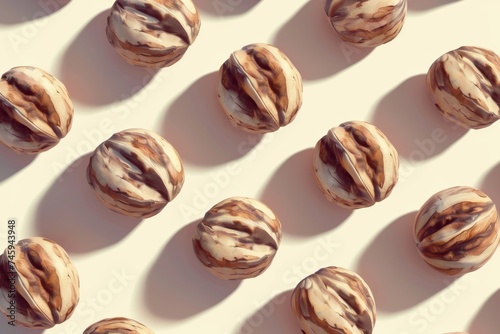 Pattern of walnuts on a light background, casting soft shadows