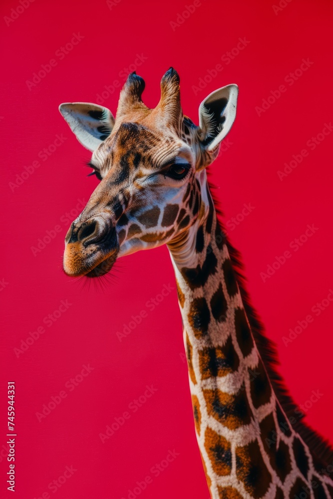 portrait of a giraffe on red background