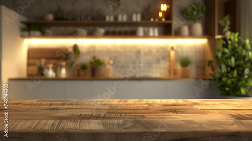 Homey kitchen background and front view Wooden table using for product presentation.