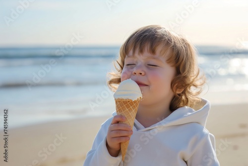 Caucasian young child savoring ice cream at the beach  with waves and sunset behind