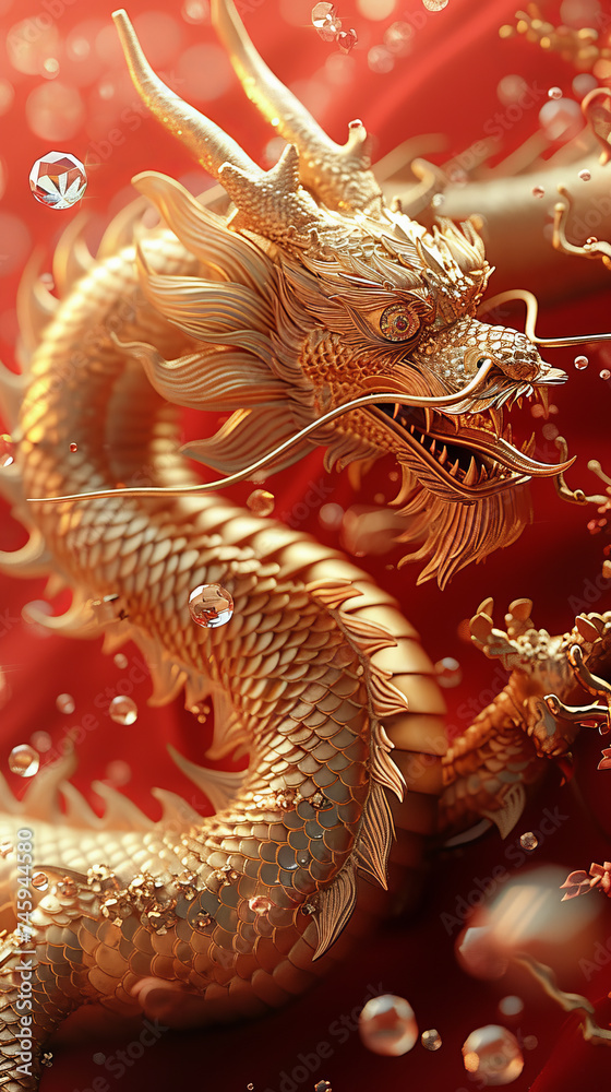  Red background, pure gold Chinese dragon occupying a corner of the picture.