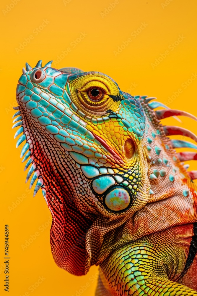 Closeup colorful iguana on a yellow background