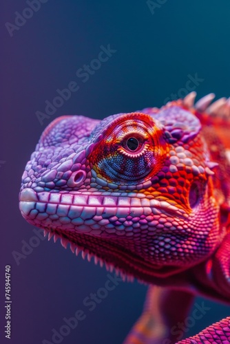 Close-up portrait of a vividly colored iguana against a purple background, showcasing detailed scales and a focused eye