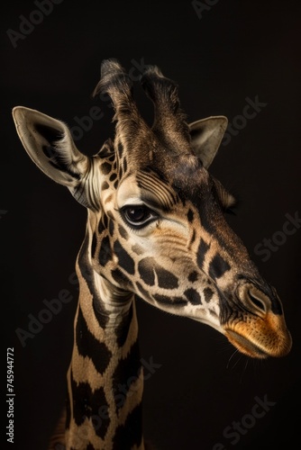 Close-up portrait of a giraffe against a dark background, highlighting its unique patterns and gentle eyes
