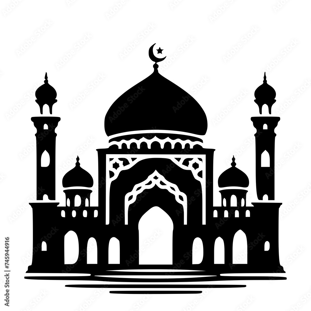 Vector black silhouette of mosque place of worship on white background, ramadhan kareem