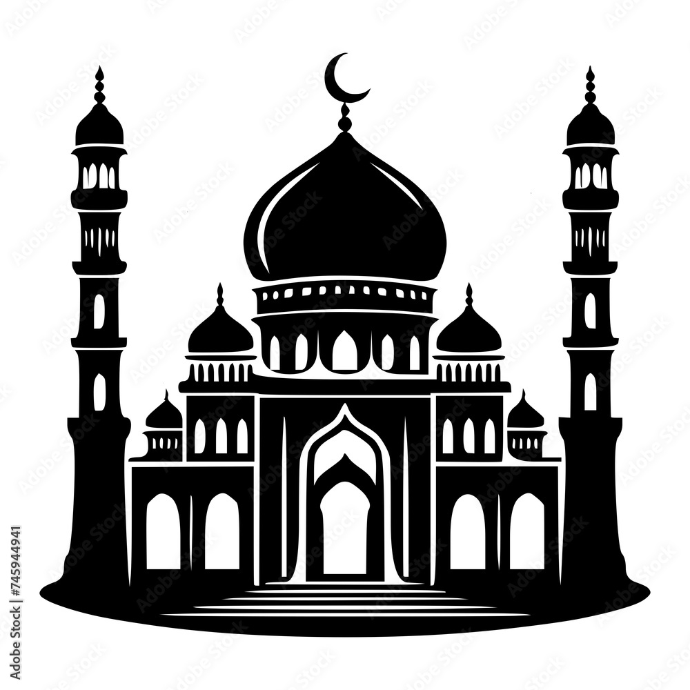 Vector illustration black silhouette of mosque on white background, ramadhan kareem