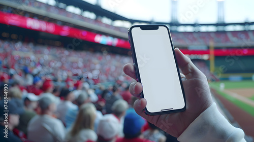 Man fan hands holding isolated smartphone device in baseball crowed stadium game with blank empty white screen, sports betting concept