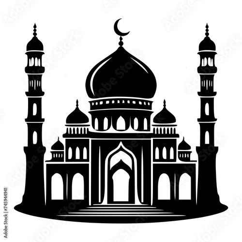 Vector illustration black silhouette of mosque on white background, ramadhan kareem
