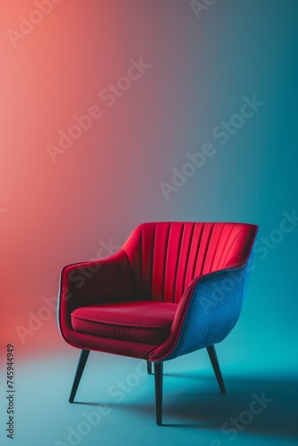 A stylish red armchair against a blue and pink gradient background  creating a modern and vibrant look