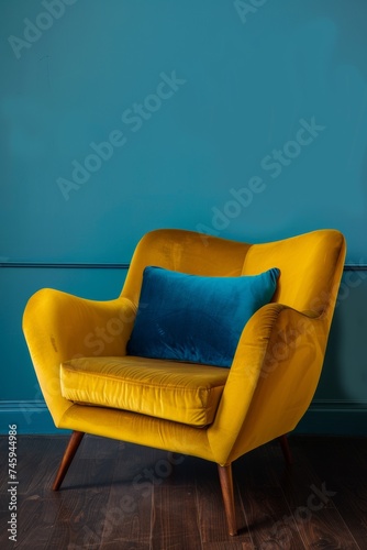 A vibrant yellow armchair with a blue cushion against a teal wall, creating a striking color contrast