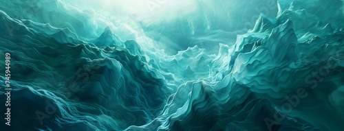 Create an abstract 3D image of digital waves in shades of blue and teal color scheme with a wide-angle lens, using a high-saturation and high-key film to enhance the sense of depth
