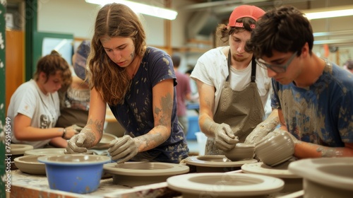 Students deeply focused on shaping clay on pottery wheels in a ceramic workshop class photo