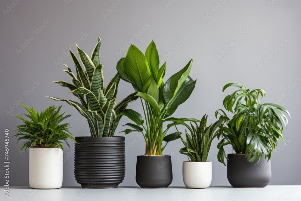 House plants in pots against a gray wall