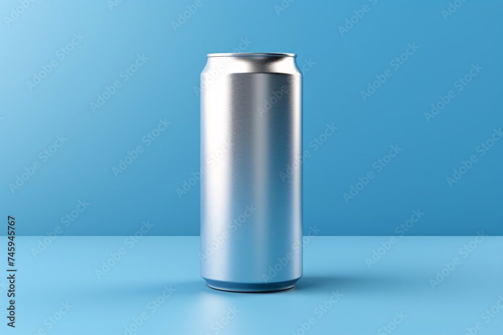 a silver can on a blue surface a silver can on a blue surface