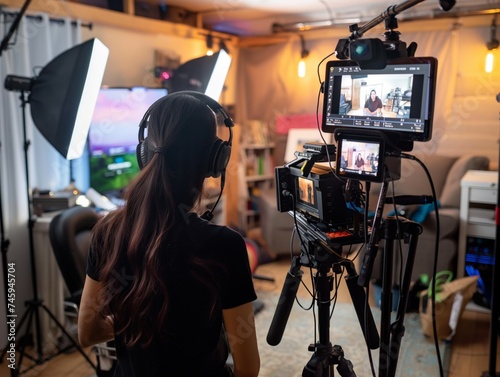 A content creator filming a tutorial video for social media in a home studio setup