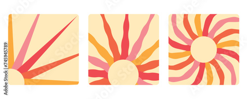 Groovy retro abstract sun backgrounds. Organic doodle shapes in trendy naive hippie 60s 70s style. Contemporary poster print banner template. Square wavy vector illustration in yellow gradient colors.