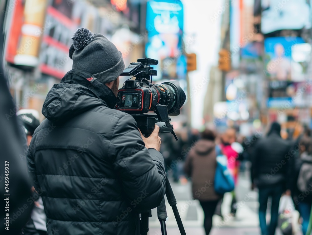 A journalist conducting interviews for an investigative news piece in a bustling city