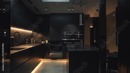 Modern simplicity of a minimalist black kitchen, sleek black surfaces and minimalist design elements