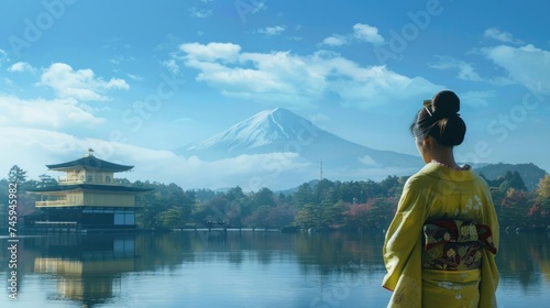 A Japanese woman in traditional kimono clothes standing in mountain background. AI generated image