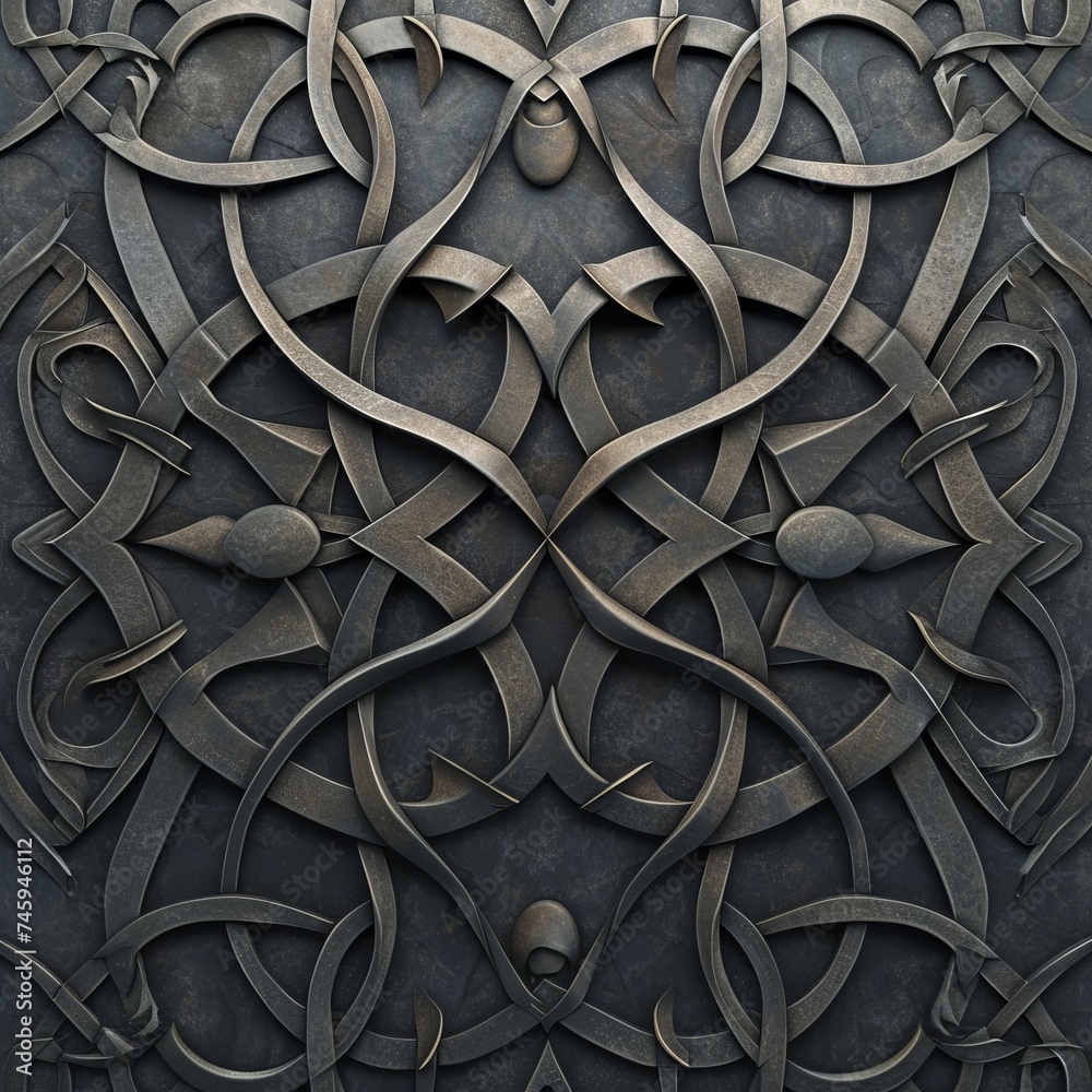 Intricate Celtic Knot Pattern with Metallic Texture on Dark Stone Background in a Symmetrical Design