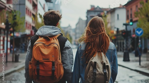 Back view of young couple with backpacks exploring the city