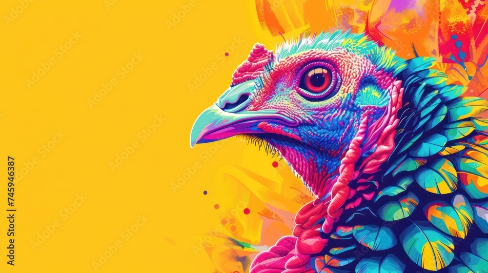 Beautiful turkey head bird animal copy space on yellow background. AI generated image