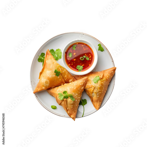 Fresh Indian Samosa with dipping sweet chili sauce on transparent background png 