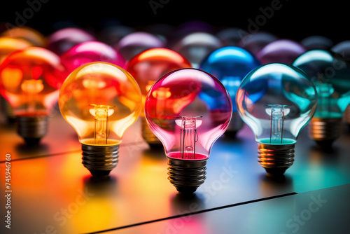 Group of light bulbs of red, purple, yellow, green and blue colors aligned horizontally. Lit light bulbs emitting colorful glow that reflects on the dark surface below them.