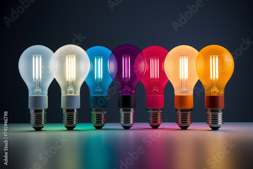 Seven light bulbs of red, purple, yellow, green and blue colors aligned horizontally. Lit light bulbs emitting colorful glow that reflects on the dark surface below them. photo