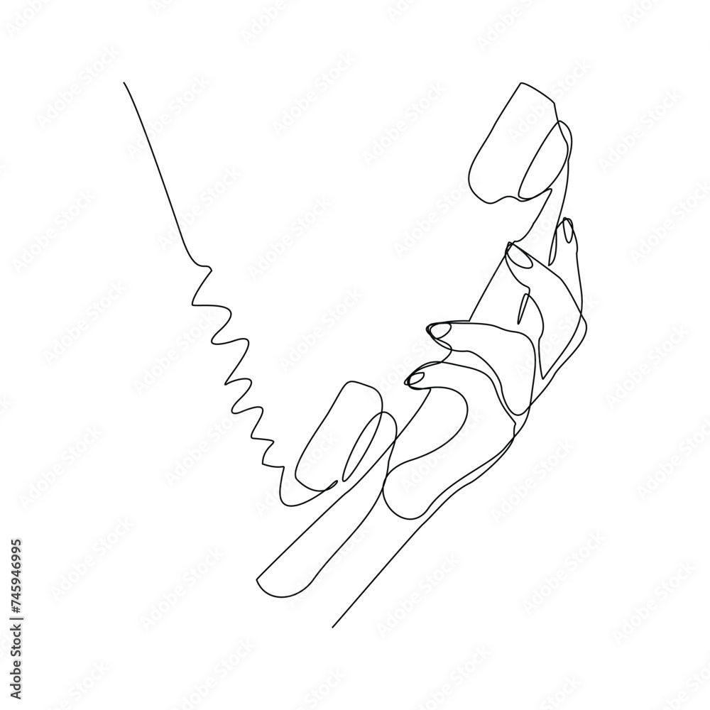 Obraz premium Continuous single line sketch drawing of hand holding old telephone receiver. One line of phone telecommunication vector illustration 
