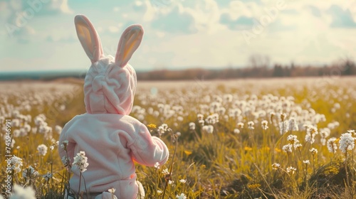 A child wearing a cute bunny costume in a meadow outdoor. AI generated image photo