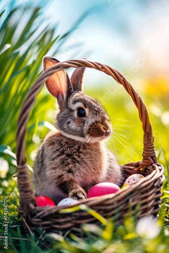 Easter Bunny sitting on the grass near a basket filled with colorful eggs
