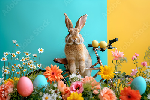 Easter bunny with colored eggs and flowers, rides a bicycle against a vibrant yellow-blue background © Alina